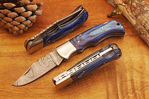 Engraved Damascus Pocket Knife with Leather Sheath and Blue Wood Handle, Silver Bolster Engraved Damascus Folding Knife