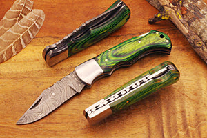 Engraved Damascus Pocket Knife with Leather Sheath and Green Wood Handle, Silver Bolster Engraved Damascus Folding Knife