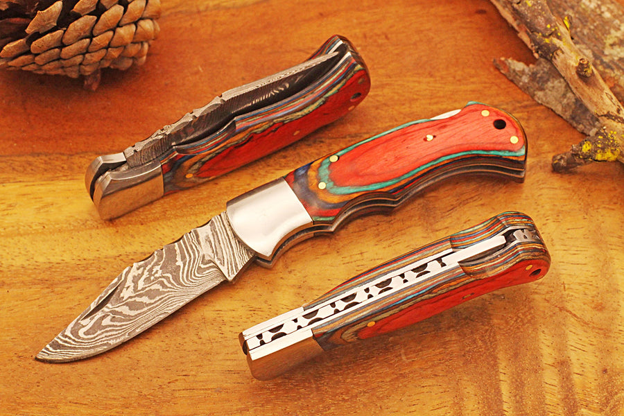 Engraved Damascus Pocket Knife with Leather Sheath and Multi Color Wood Handle, Silver Bolster Personalized Damascus Folding Knife