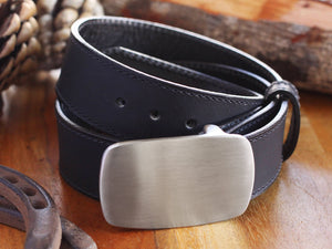 USA Amish Made Leather Belt with Custom Personalized Engraved Satin Silver Steel Belt Buckle