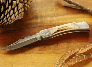 Silver Bolster Large Stag Horn Damascus Steel Knife with Leather Sheath, Damascus Steel Blade Knife