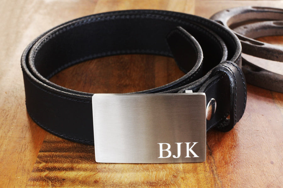 Leather Belt with Engraved Steel Belt Buckle, Personalized Silver Belt Buckle USA Amish Made Full Grain Leather Belt Birthday Gift for Him