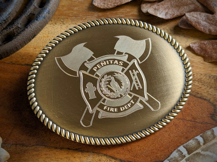 Personalized Golden Belt Buckle for Men, Groomsman Gift, Fire Department Custom Belt Buckle, Birthday Gift for Him with Ranch Logo