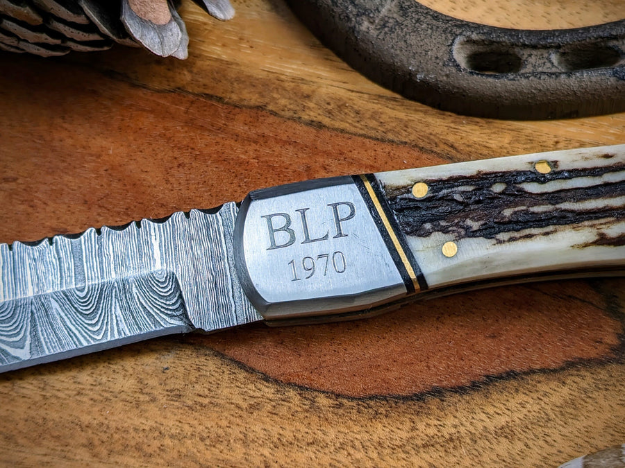 Silver Bolster Large Stag Horn Damascus Steel Knife with Leather Sheath, Damascus Steel Blade Knife