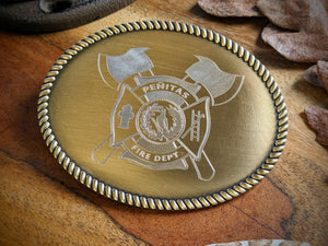 Personalized Golden Belt Buckle for Men, Groomsman Gift, Fire Department Custom Belt Buckle, Birthday Gift for Him with Ranch Logo