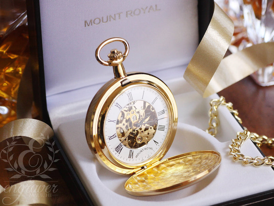 Mount Royal Double Hunter Skeleton Gold Pocket Watch, Personalized Pocket Watch