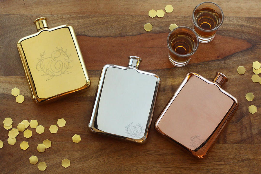Set of 3 Engraved Flasks - High Polished Mixed Metal Flasks - Personalized Groomsman or Bridesmaid Flask - Best Man Engraved Flask