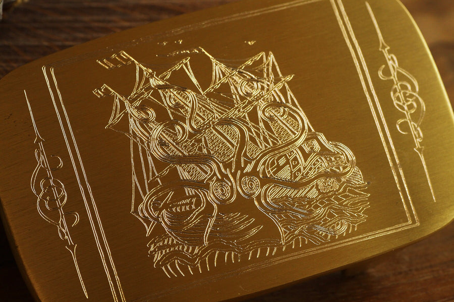 Engraved Brass Belt Buckle - Kraken Belt Buckle - Personalized Satin Gold Belt Buckle -  Colossal Octopus Engraving