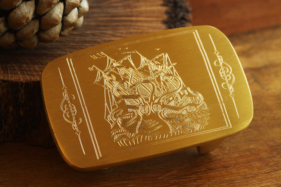 Engraved Brass Belt Buckle - Kraken Belt Buckle - Personalized Satin Gold Belt Buckle -  Colossal Octopus Engraving