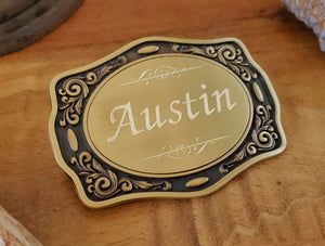 Made in USA Engraved NAME Brass Finish Belt Buckle - Personalized Belt Buckle - Gold Cowboy Belt Buckle